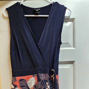 Enfocus V-neck floor length dress, belted waist, navy and coral, floral skirt